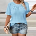 thumbnail image 4 of YUGYXL Women Plus Size Tops Dressy Casual Pleated Front Business Work Blouses Short Sleeve Crew Neck Spring Shirts Sky Blue XXXXXL, 4 of 5