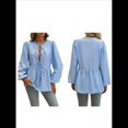 thumbnail image 3 of Blusa Babydoll con Lazo Frontal para Mujer, Larga, Rayas, Peplum, Volantes, Encaje. Azul L, 3 of 7