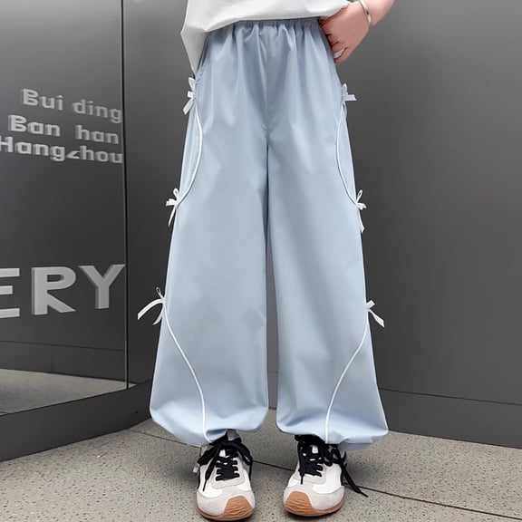 FYDUU Pants for Girls Summer Cargo Pants Lightweight Casual Loose Fit Bow Trousers for Kids Elastic Waist Wide Leg Pants Trendy Pants 7-8 Years