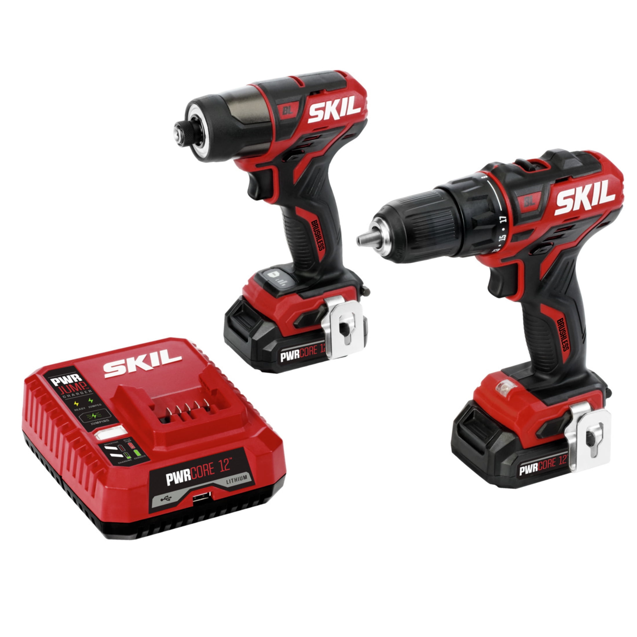 SKIL PWR Core 12 Brushless 12 Volt Cordless Drill Driver & Impact Driver Kit Set with two 2.0Ah Batteries & PWR JUMP Charger