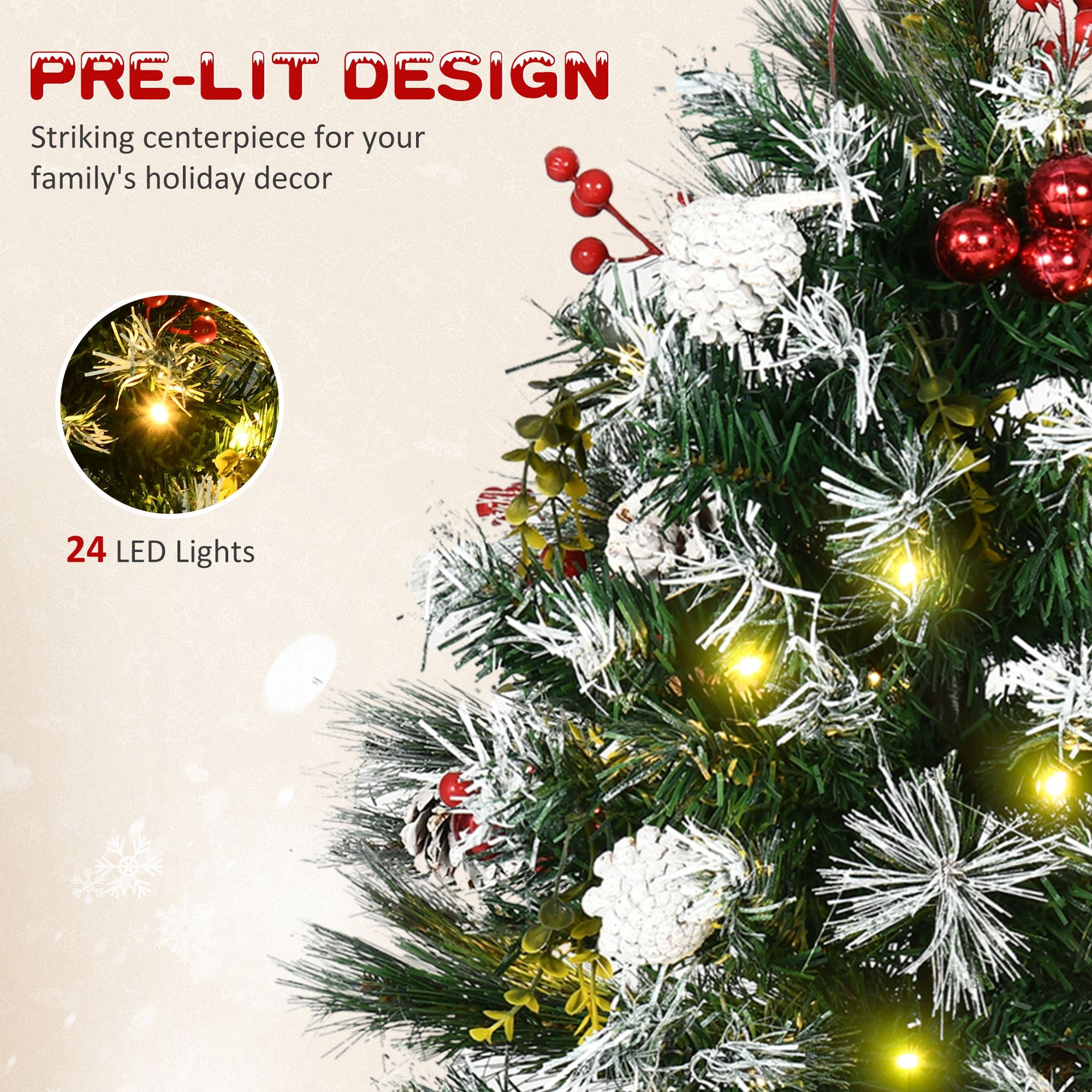 Pre-Lit Artificial Christmas Tree Set, 2 ft Cordless LED Trees with 70 Branches, Red Berries, Pine Cones, Balls, Battery Operated, 2-Pack