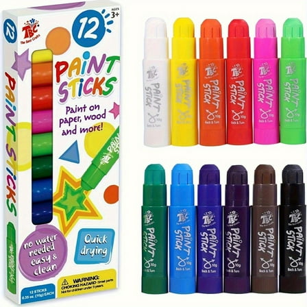 TBC The Best Crafts Paint Sticks, 12 Count , Washable Non-toxic Paint Set for Kids