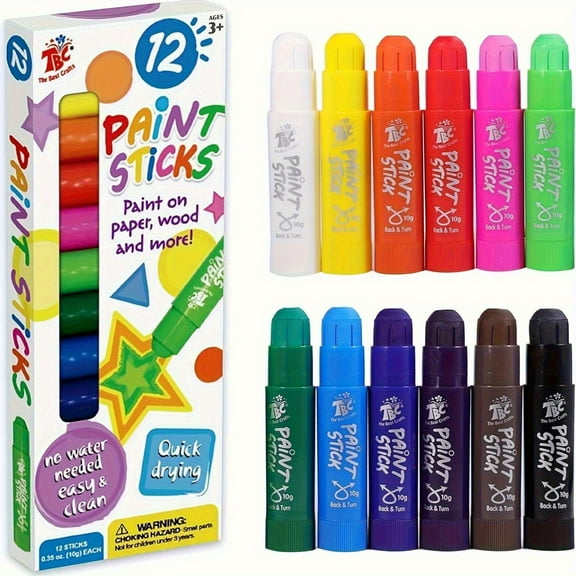 TBC The Best Crafts Paint Sticks, 12 Count , Washable Non-toxic Paint Set for Kids