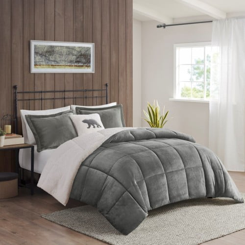 King Plush to Sherpa Down Alternative Comforter Set charcoal/lvory