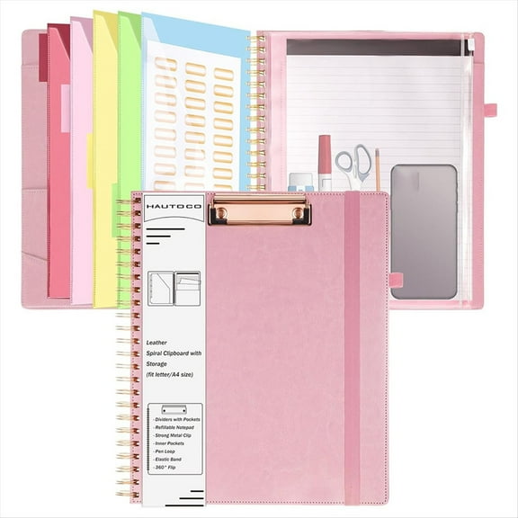 Pink Spiral Clipboard with Storage Zipper Bag, Briefcase Storage Bag with Clipboard , 5 Divided Folders