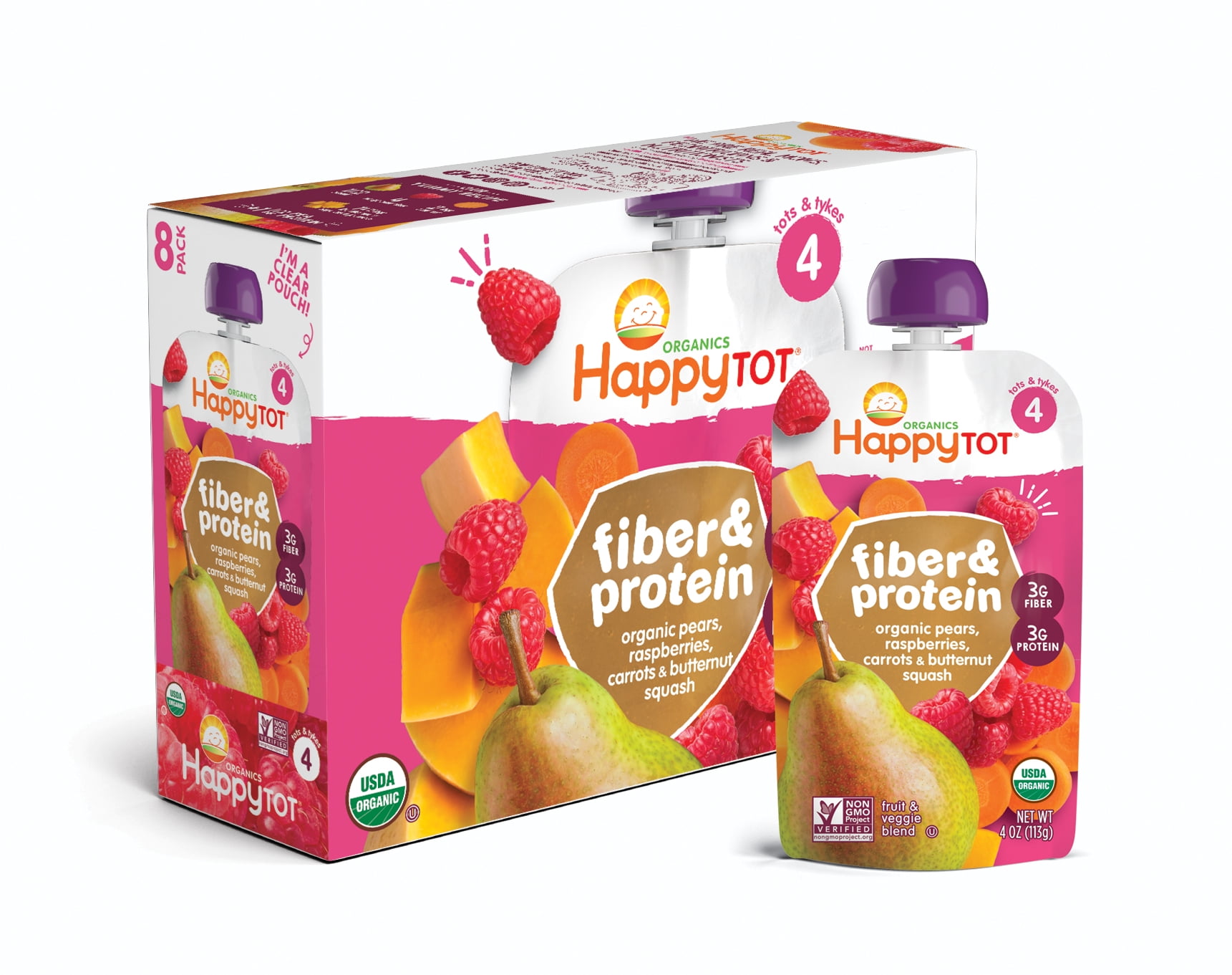 (8 Pouches) Happy Tots Organic Fiber & Protein Organic Pears, Raspberries, Butternut Squash & Carrots Fruit & Veggie Blend, 4 oz