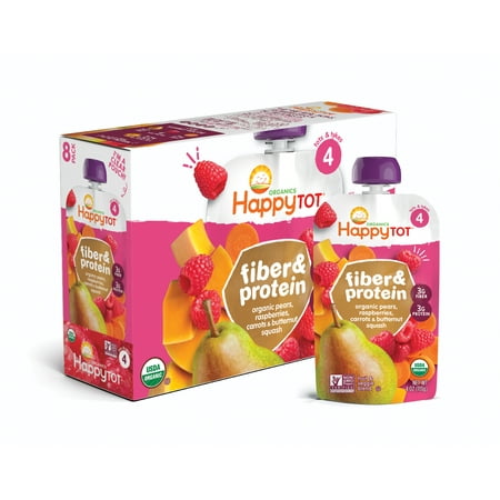 Photo 1 of (8 Pouches) Happy Tots Organic Fiber & Protein Organic Pears, Raspberries, Butternut Squash & Carrots Fruit & Veggie Blend, 4 oz.  exp oct 22 2025