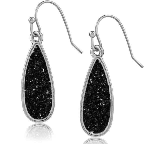 Humble Chic Black Druzy Dangle Earrings for Women - Boho Silver Teardrop Dangles
