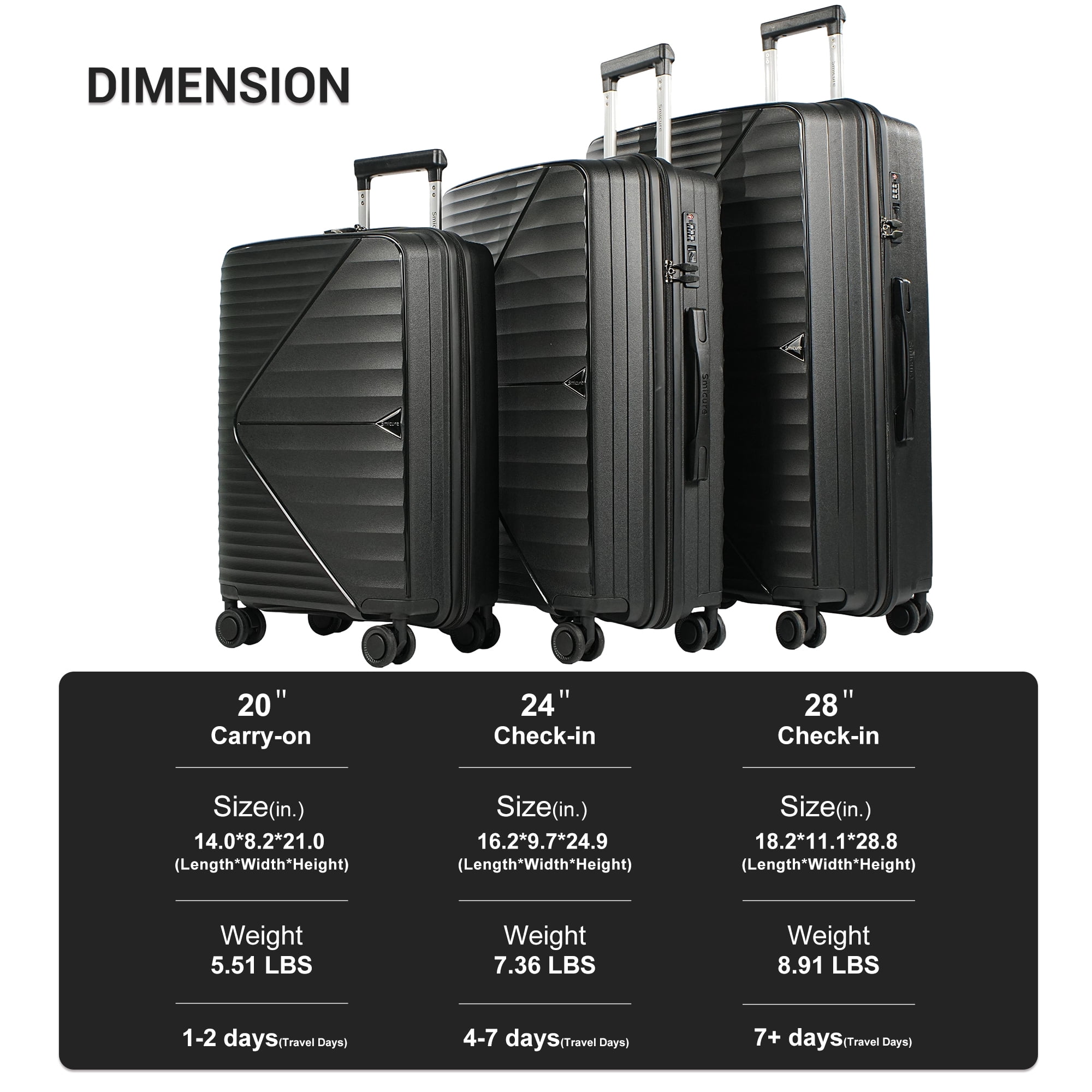 Smicure Luggage Sets 3 Piece with Spinner Wheel, Hardside Suitcase Set with TSA Lock, Lightweight Travel Luggage for Men and Women, Black