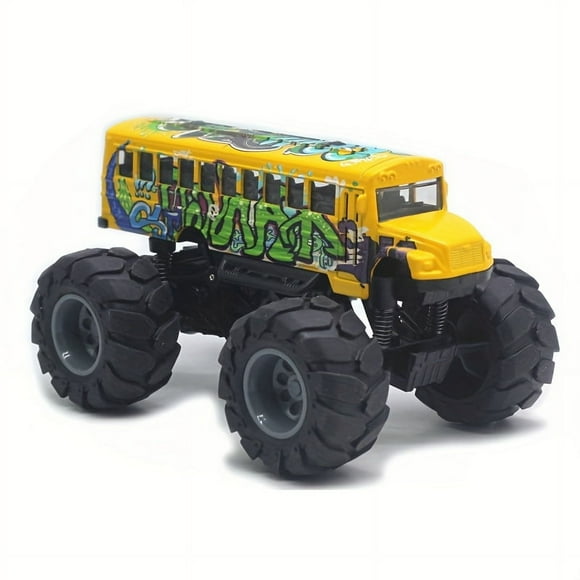 DEBGFS [Top-Rated] 1pc Alloy Monster Truck School Bus Toy - Pull-Back Action  Big Wheels  Durable Plastic - Perfect for Halloween & Christmas Gifts,Graffiti Yellow