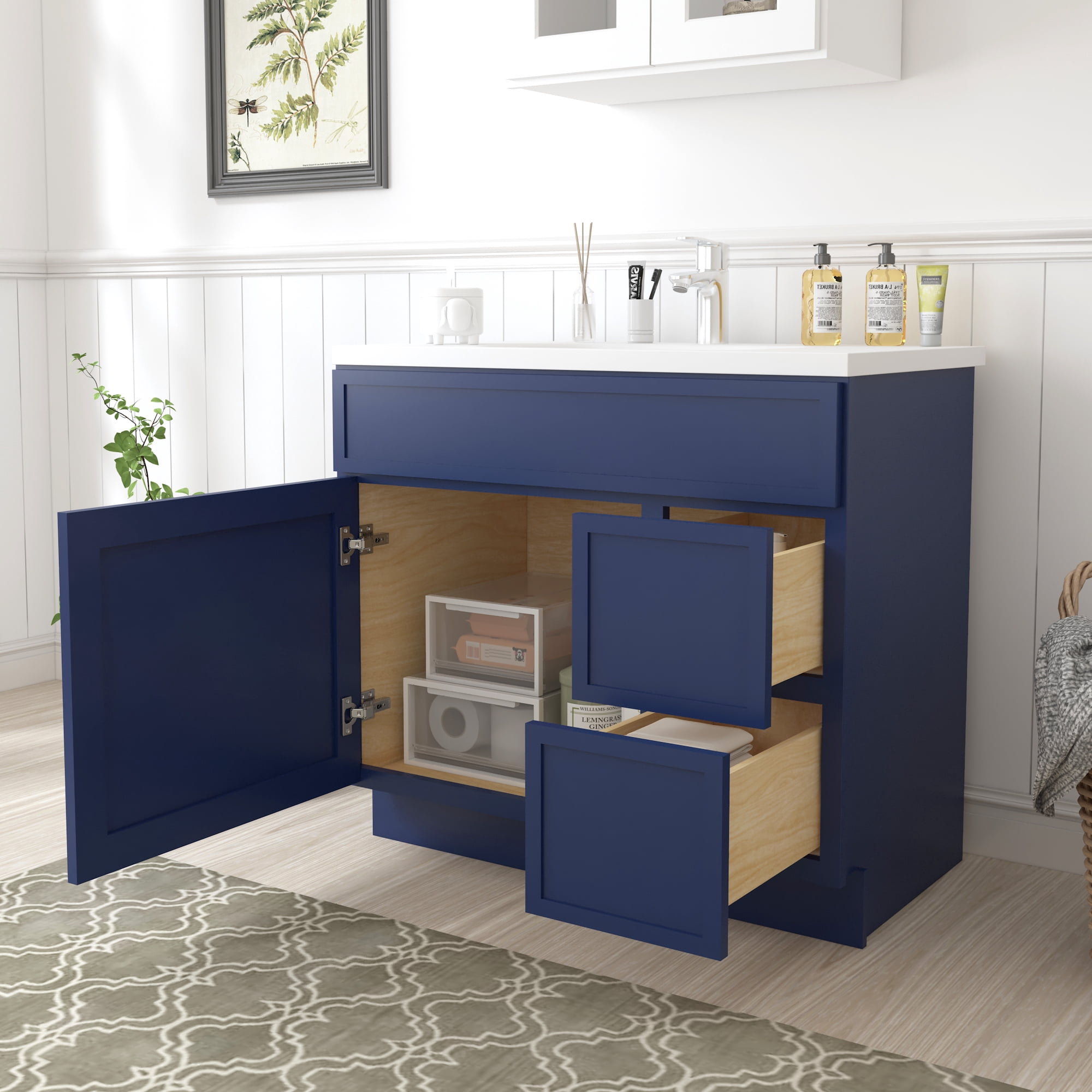 Vanity Art 36" W Birch Plywood Freestanding Single Base 2 Drawers Storage Cabinet with Soft Close Door