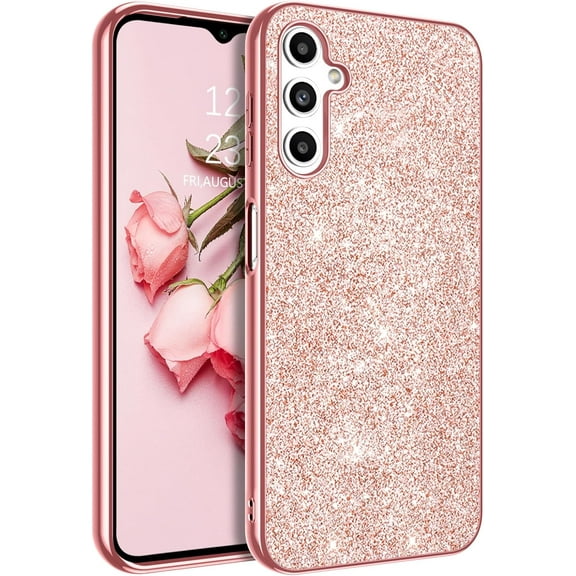 Samsung Galaxy A14 5G Case, Glitter Sparkly Bling Slim Fit Thin Girly Women Girls Shiny Shockproof Protective Phone Cases Cover, Rose Gold/Pink