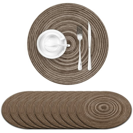 

10PCS Round Table Mat Cotton Linen Woven Placemats Easy to Clean Kitchen Decor Pad Heat Resistant Anti-Skid Dining Mat Washable 15 Inches Brown