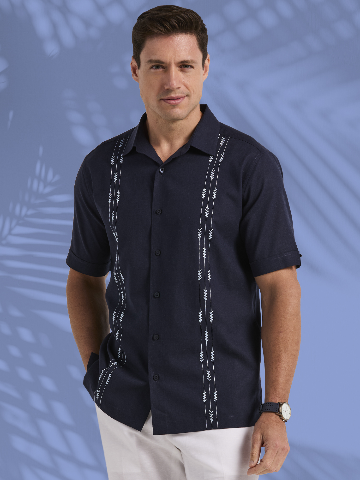 Havanera Men's and Big Men's Leaf Embroidered Panels Short Sleeve Button-Down Shirt, Sizes S-5XL