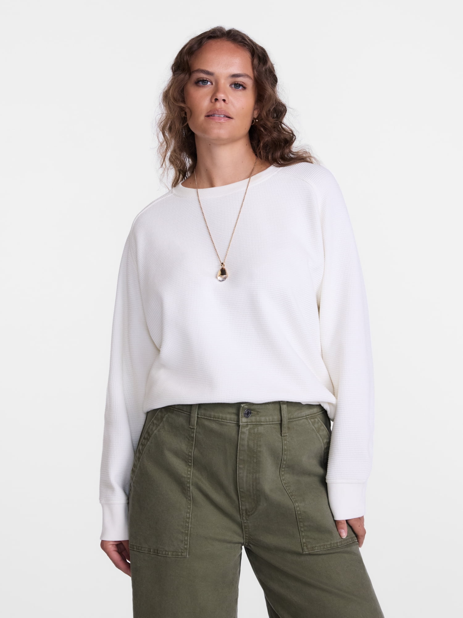 Scenario Women's Waffle Knit Crewneck Tee with Long Sleeves, Sizes XS-XXXL