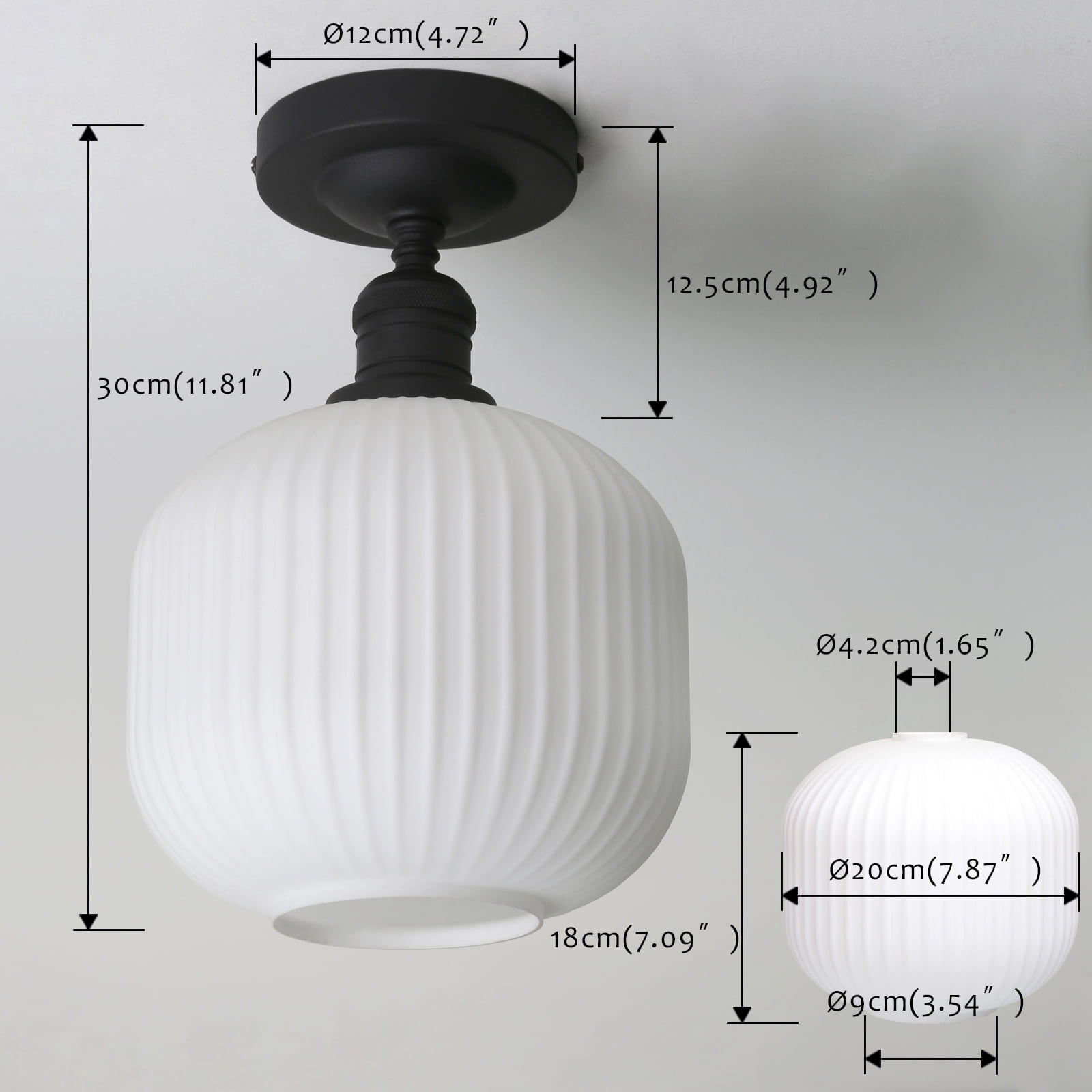 Pathson Industrial Semi Flush Mount Ceiling Light, Milky White Ribbed Glass Close to Ceiling Light for Living Room Dinning Room Kitchen Porch
