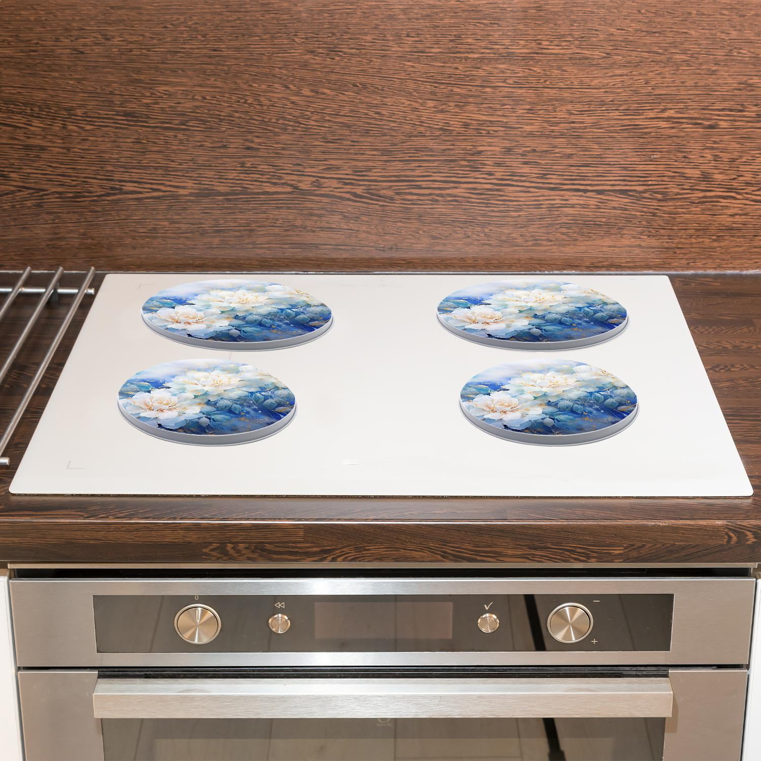 Decorative Stove Burner Covers 4 Pcs Metal Round Stove Burner Covers 8Inch And 10Inch for Home Decor Cooktop Decorative ,Blue Flowers in A Bouquet floral style