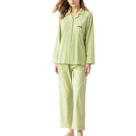 

Homgro Women s 2 Piece Cotton Pajamas Long Sleeve Shirt Pants Set Notch Collar Button Down Loose Sleeping Pjs Lounge Set Green 4-6