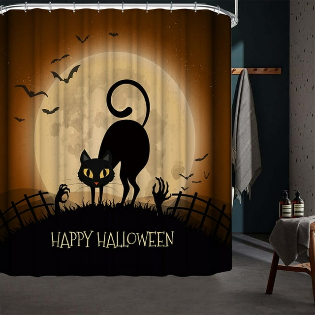 LSLJS Shower Curtain Polyester Fabric Watercolor Black Cats Orange Yellow Color Decorativefor Halloween Design with 12 Hooks for Bathroom, Shower Curtain