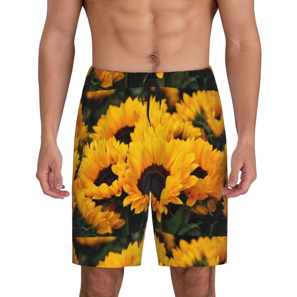 Balery Flower Bush Sunflower Pantalones cortos de pijama de punto de algodón para hombre con cinturilla y bolsillos-Large