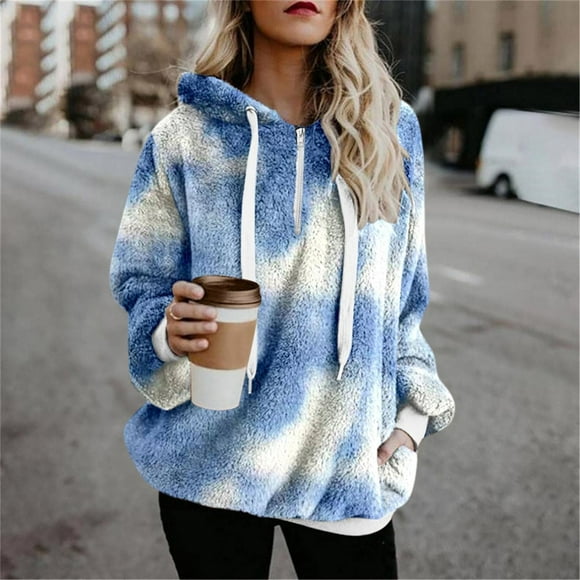 fartey Sherpa Sweatshirt for Women Print Fleece Quarter Zip Pullover Hoodies Long Sleeve Fuzzy Tie Dye Hooded Sweatshirt with Pockets
