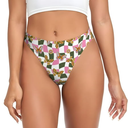 Thongs for Women - Abstract Pink Plaid Butterfly No Show Seamless Womens Thongs Underwear  Stretch G String Thongs for Women  Ladies Breathable Thong Bikini Panties Briefs