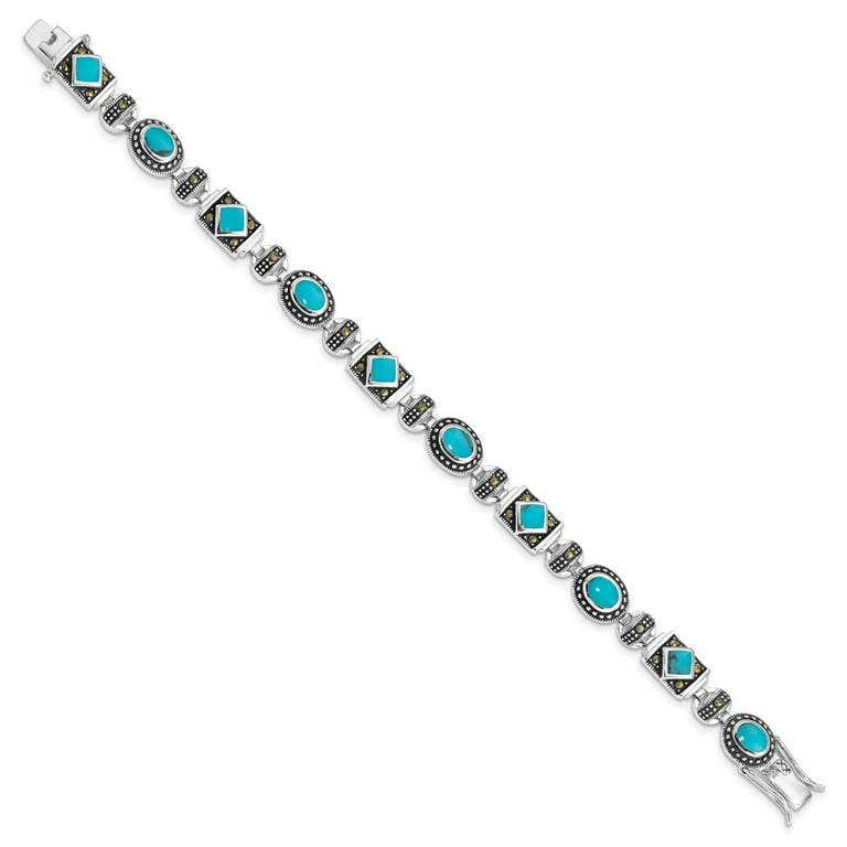 Sterling Silver Rhodium-plated Synth Turquoise and Marcasite