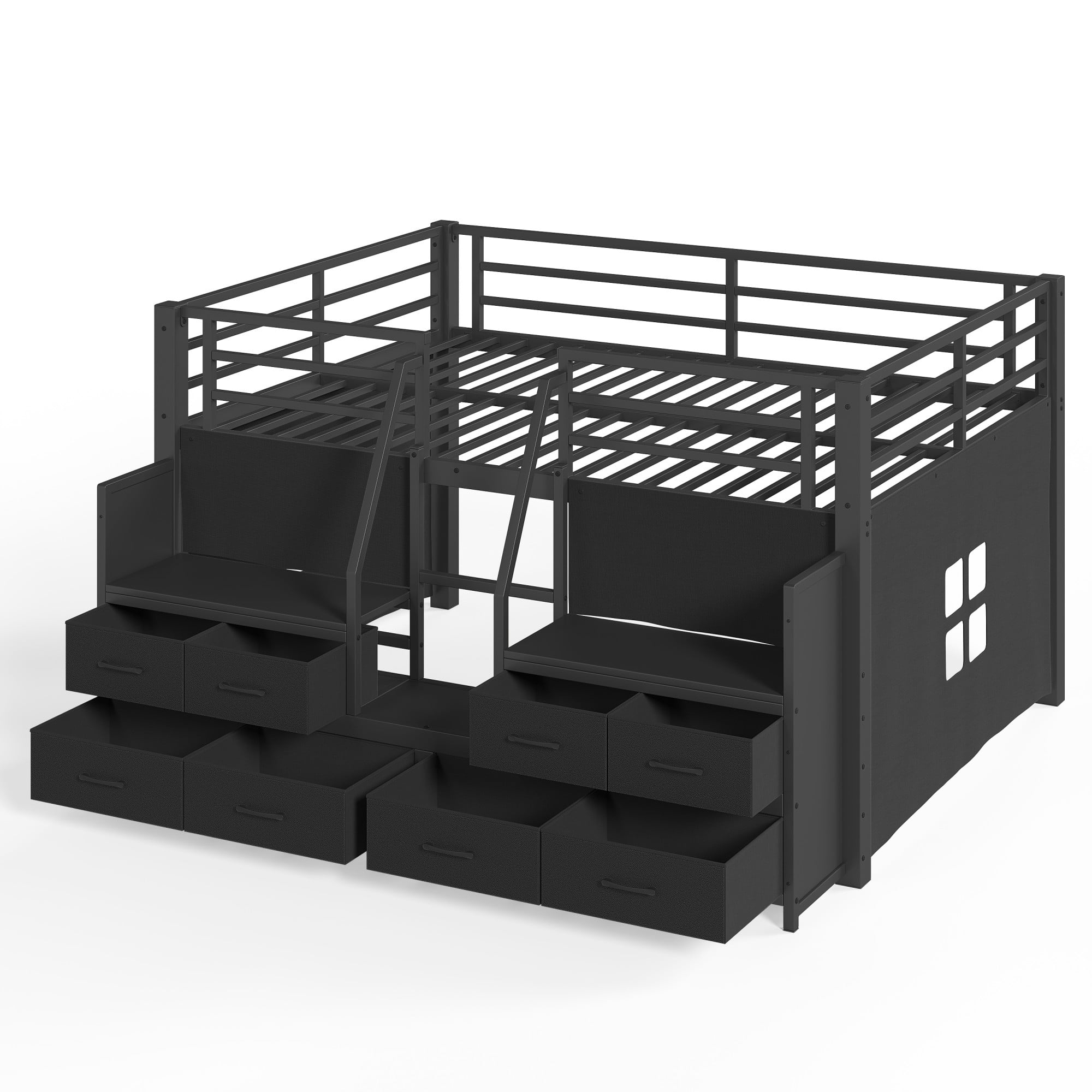 Aukfa Full Size Loft Bed with 8 Storage Drawers, Shelves & LED Lights, Metal Low Loft Bed for Kids Bedroom, Black