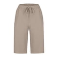 thumbnail image 4 of Linen Capri for Women 2025 Summer Lightweight Drawstring Striped Short Pants with Pocket Casual Loose Beach Outfits Khaki, 4 of 6
