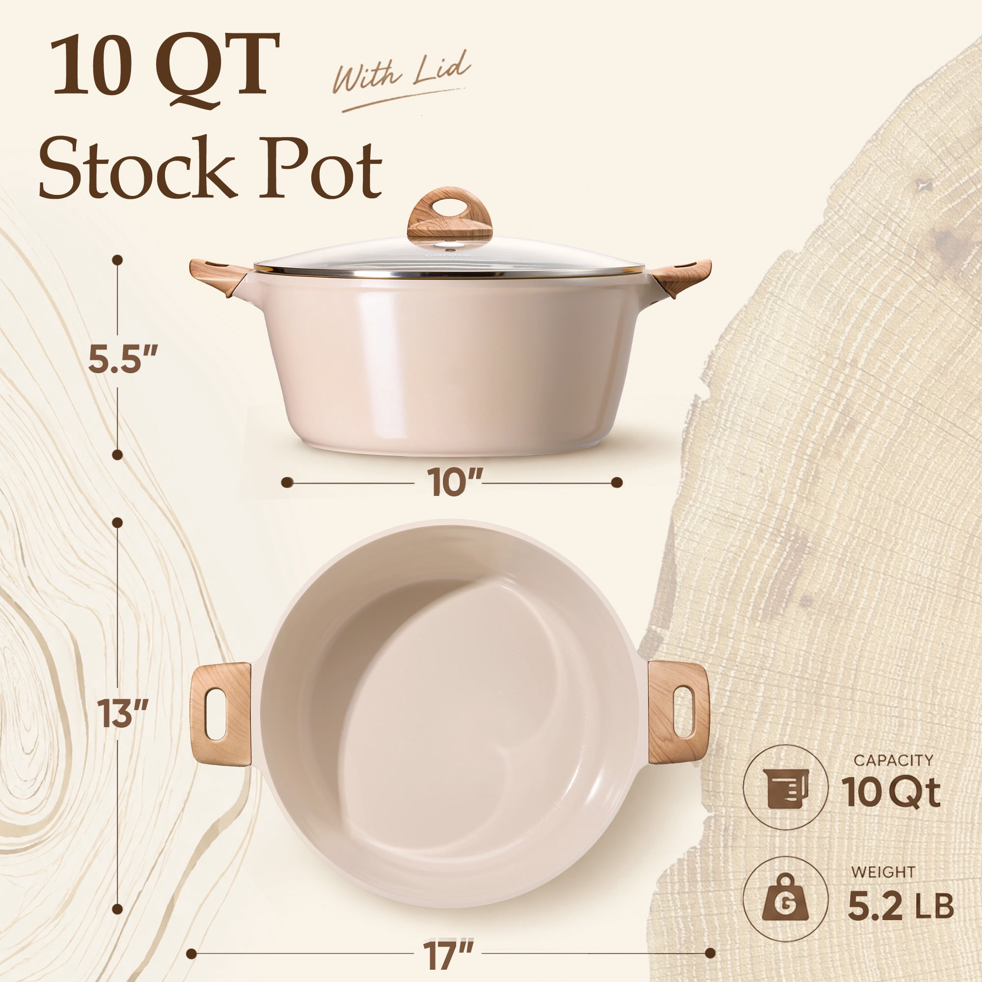 Carote 10QT Nonstick Ceramic Dutch Oven, Non Toxic Stock Pot with Glass Lid, Cooking Pot, Easy to Clean,  Large Capacity for Big Family Kitchen, All Stoves Compatible Taupe