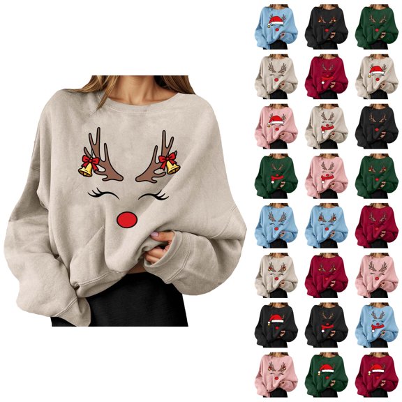 Christmas Sweatshirt for Men Women Long Sleeve Crewneck Loose Casual Funny Reindeer Face Graphic Sweatshirts Pullover Tops