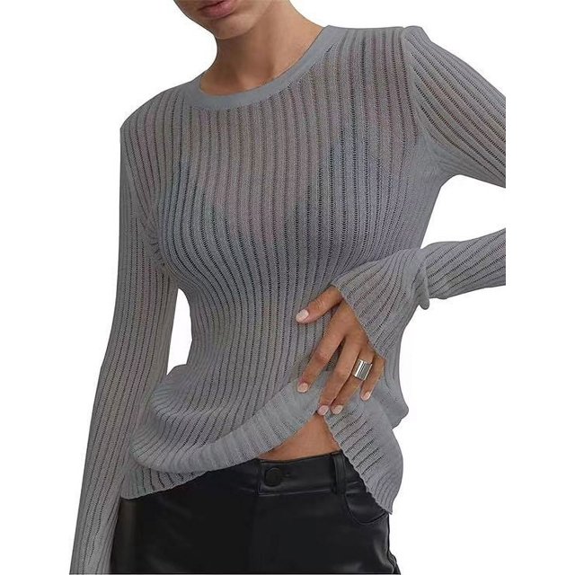 Top transpirable de cuello redondo y manga larga de color sólido de primavera y verano de estilo europeo y americano para mujer