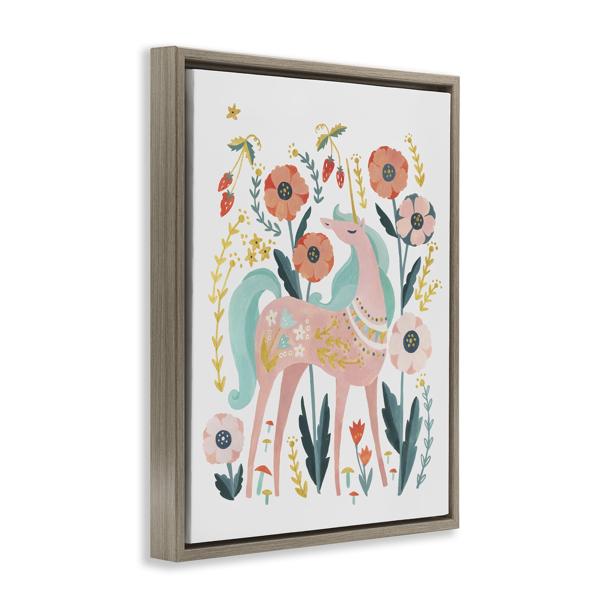 Stupell Industries Pink Unicorn with Florals Fantasy & Sci-Fi Painting Brown Floater Framed Canvas Art Print Wall Art, 25 x 31