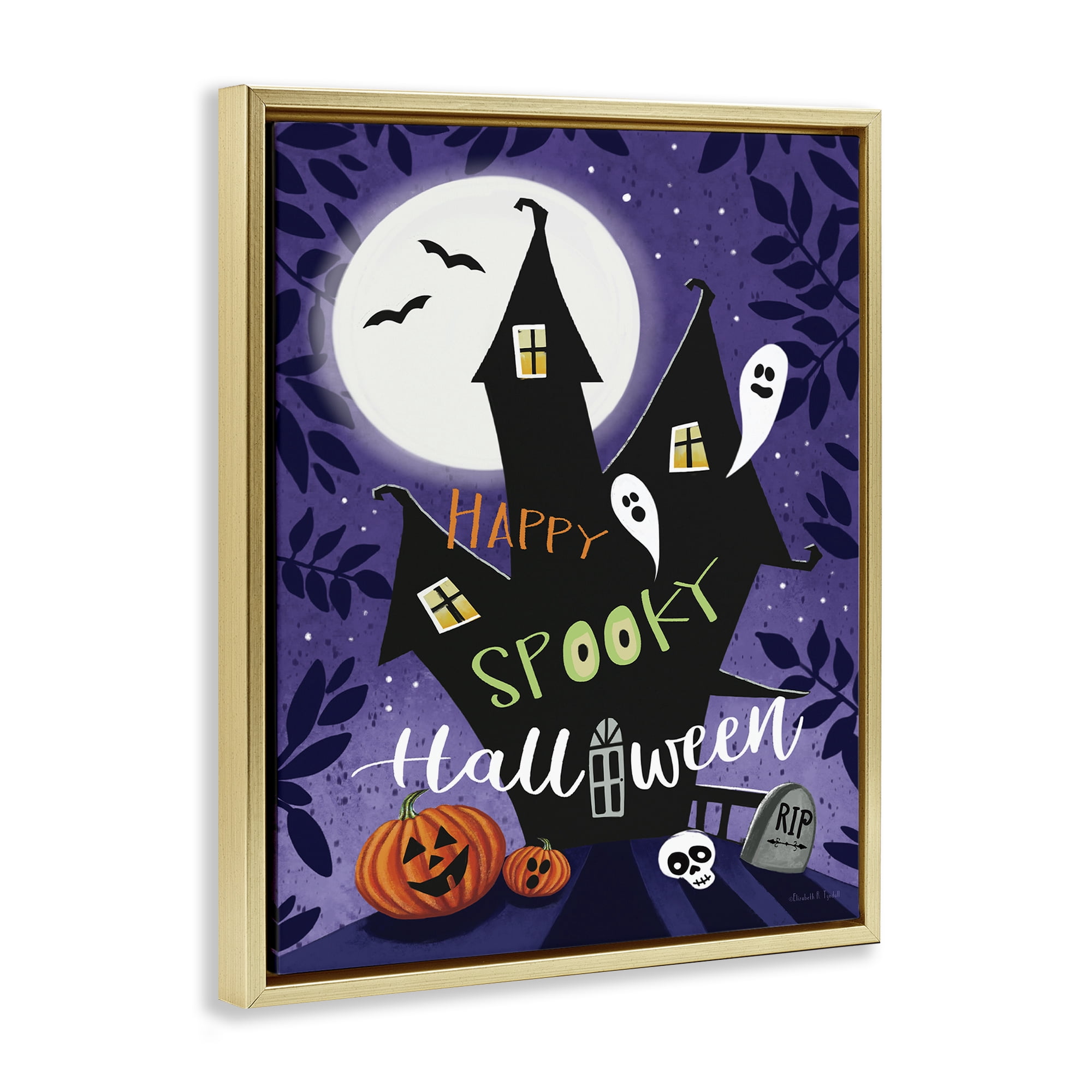 Stupell Industries Spooky Halloween House Holiday Painting Gold Floater Framed Canvas Art Print Wall Art, 25 x 31