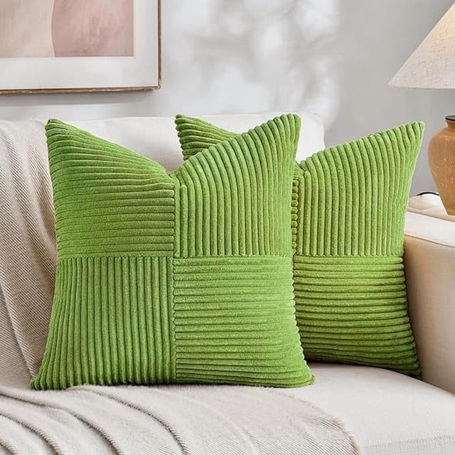 Chenchen Set of 2 Lime Green Decorative Throw Pillow Covers 22x22 Inch for Living Room Couch Bed Sofa, Farmhouse Boho Home Decor, Soft Cross Corduroy Patchwork Accent Square Cushion Case 55x55 cm