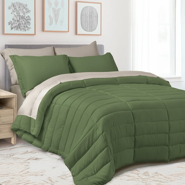 Set de 7 Piezas Edredón Acolchado y Sábanas King Size Dreamlab, Colcha para Cualquier Temporada, Hipoalergénica, Color Verde Seco, Color Beige