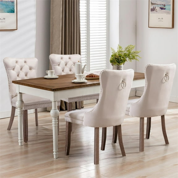 Resenkos Upholstered Tufted Dining Chairs Set of 2 with Nail Head Decor, Beige Velvet Fabric