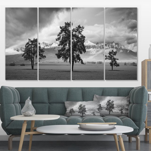 Trois Arbres devant les Montagnes - Uvre d'Art Paysager sur Toile