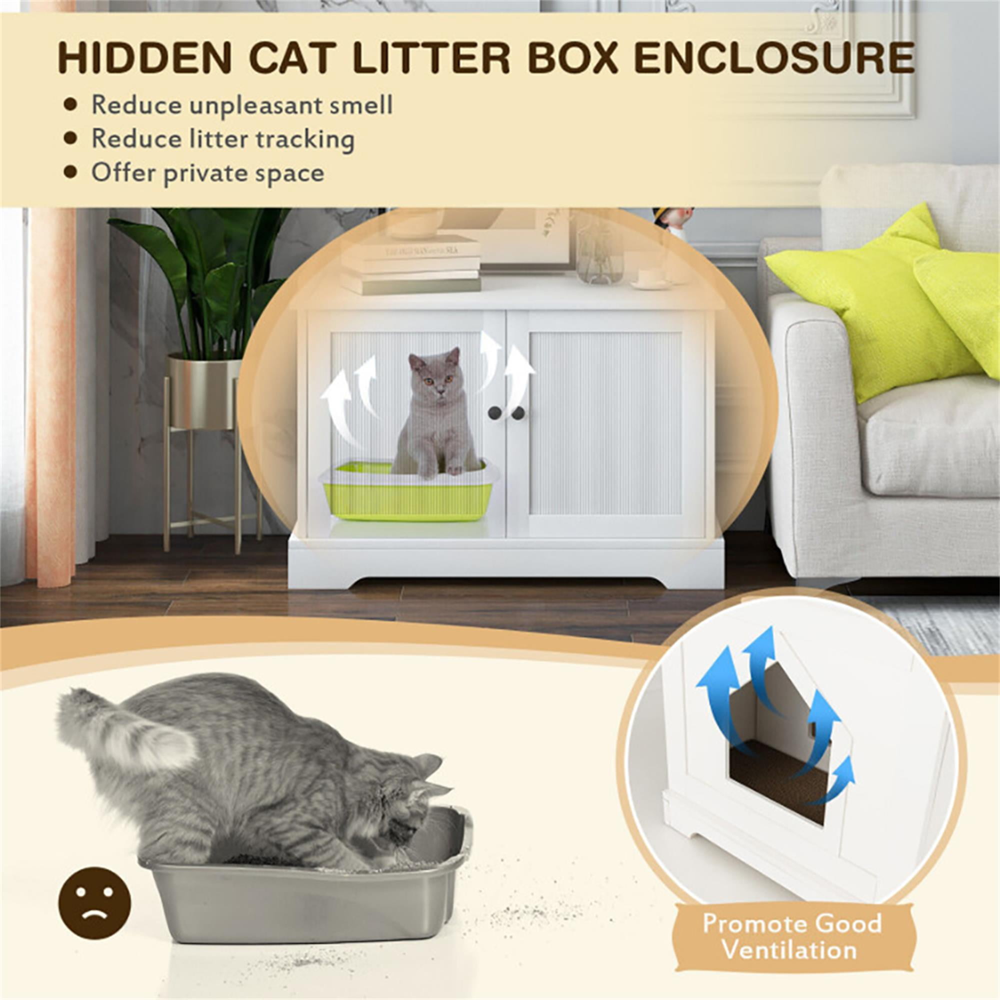 Kadyn 29" Wooden Cat House with Scratching Pad and Adjustable Divider, Cat Litter Box Furniture Hidden, Cat Washroom Enclosure, White