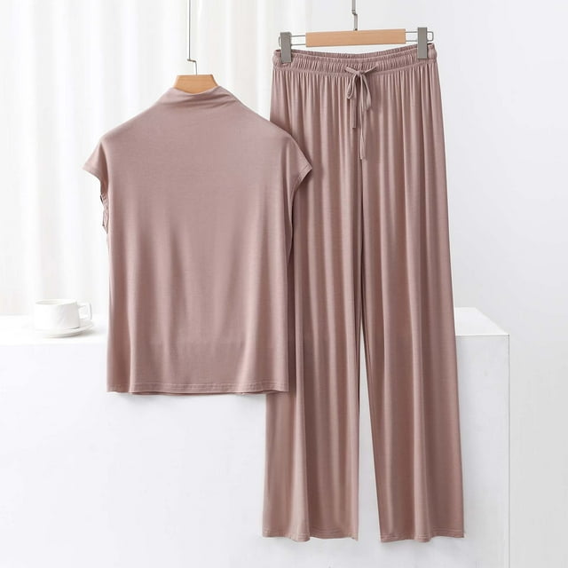 Ensembles 2 Pcs pour Femmes Ensembles d'Été de Détente Tenues Hauts Sans Manches à Col Montant Pantalons à Jambes Larges Taille Haute Pyjamas pour Femmes Ensemble