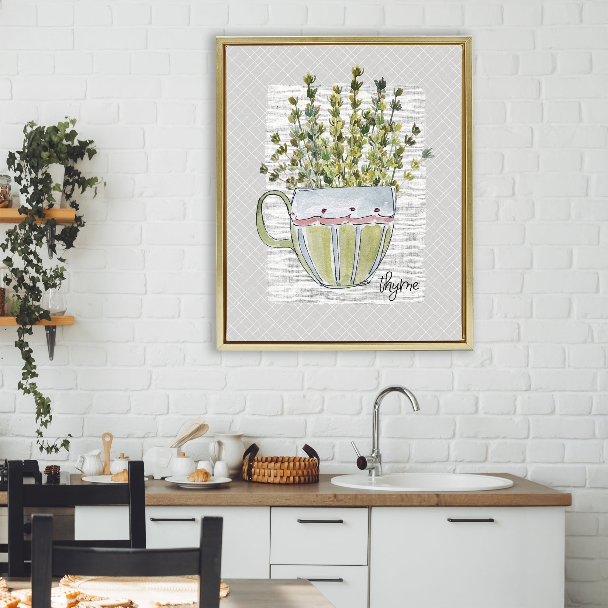 Stupell Industries Thyme Herb Mug Gold Framed Floater Canvas Wall Art, design by Livi Finn