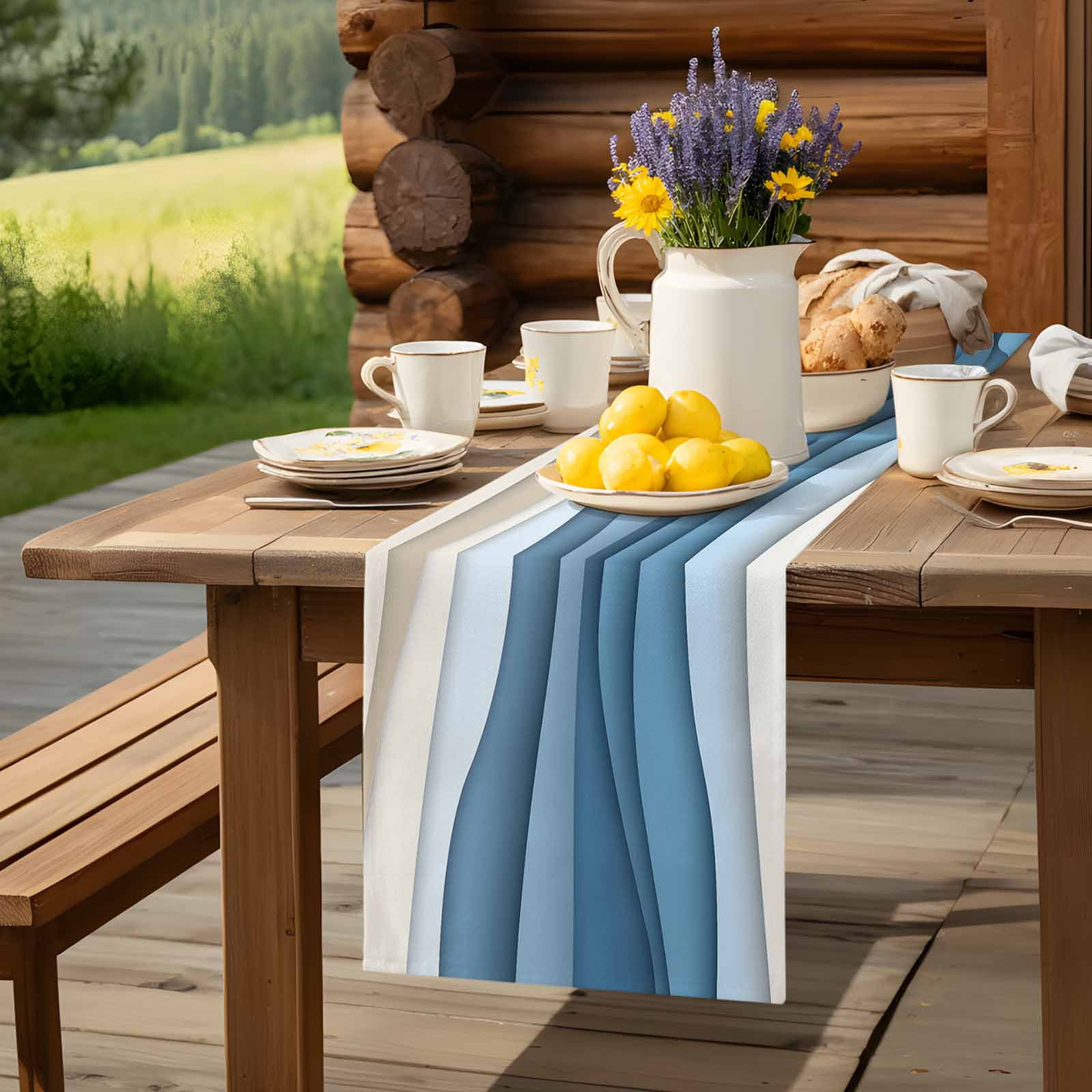 Ocean Blue Water Ripples Table Runner 90 Inches Long, Abstract Geometric Gradient Table Runners Tabletop Scarf Kitchen Dining Tables Decoration for Home Party Indoor Outdoor