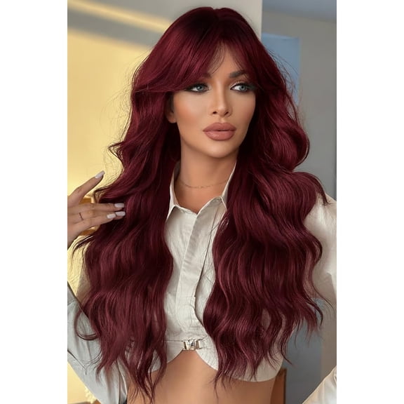 24 Inch Burgundy Wavy Wig with Bangs, Heat Resistant Synthetic Hair for Women, Adjustable Cap with Snap Clips for Daily Use, Wedding, Cosplay