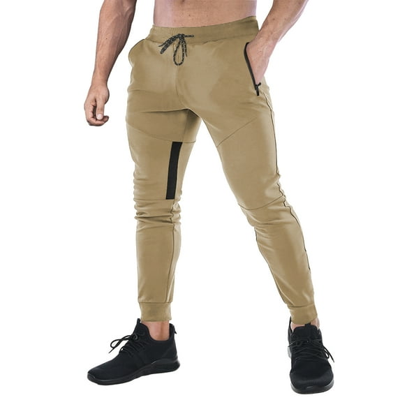FEDTOSING Men's Gym Sweatpants Drawstring Khaki Running Joggers Trackpants with Zipper Pockets