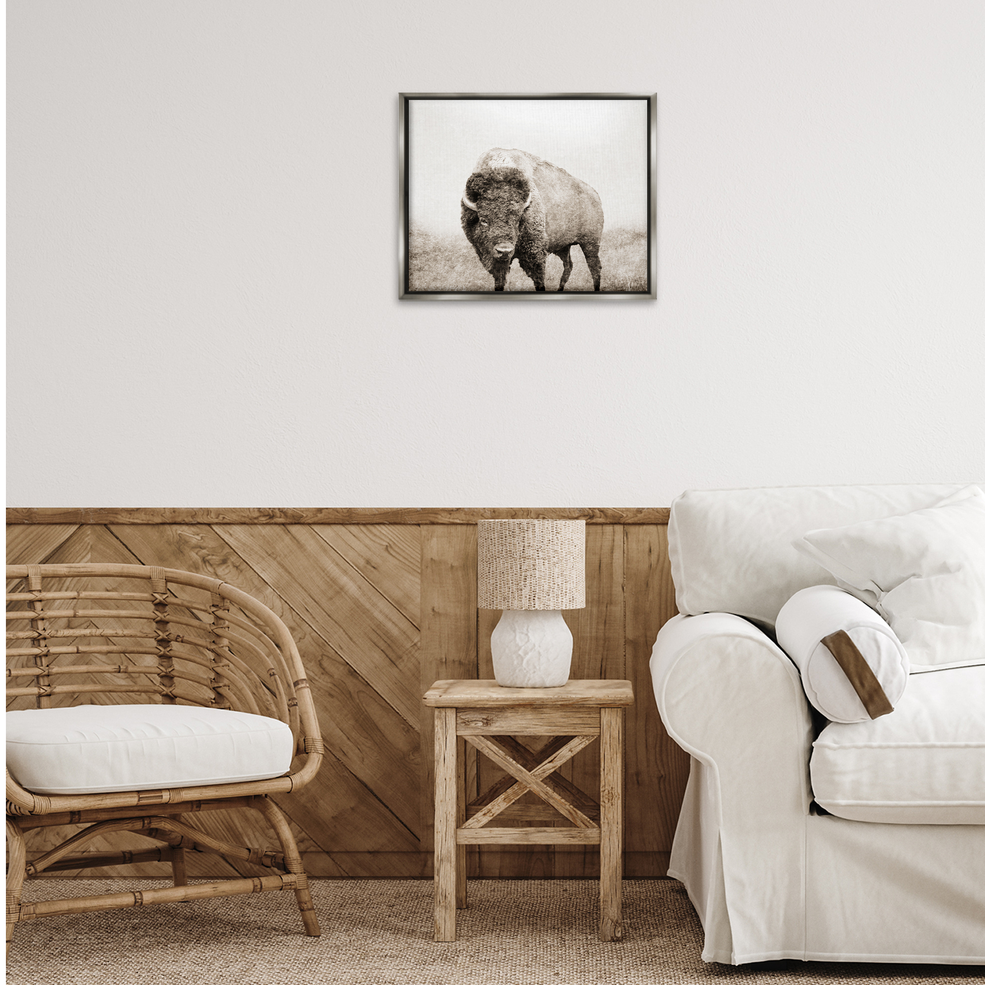 Stupell Industries Bison Distressed Portrait Animals & Insects Photography Gray Floater Framed Canvas Art Print Wall Art, 21 x 17