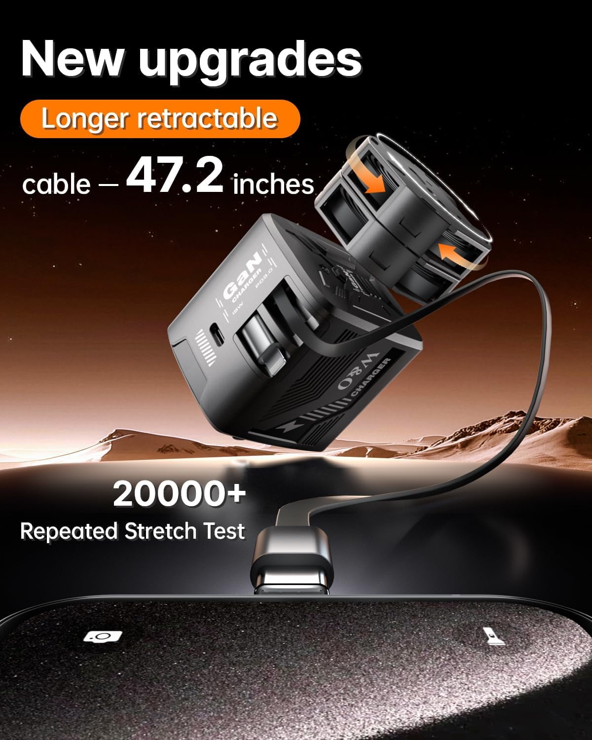 RGHJAR-Fast Charger for iPhone17/16/15,60W gan Charger,Retractable Phone Charger Wall Plug with Lightening and Type-C Cables,for iPhone Series, Galaxy S25/24,Android and More（Black）