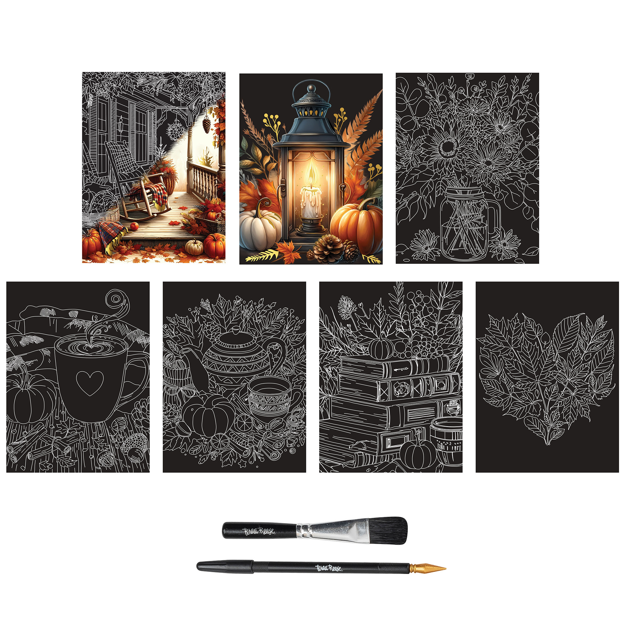 Brea Reese: Scratch Art Paper Pad - Fall Florals - 14 Sheets, 7 Guided Art Designs, Metallic Accents, Stylus & Brush, 6x8" Pages, DIY Adult Craft Kit