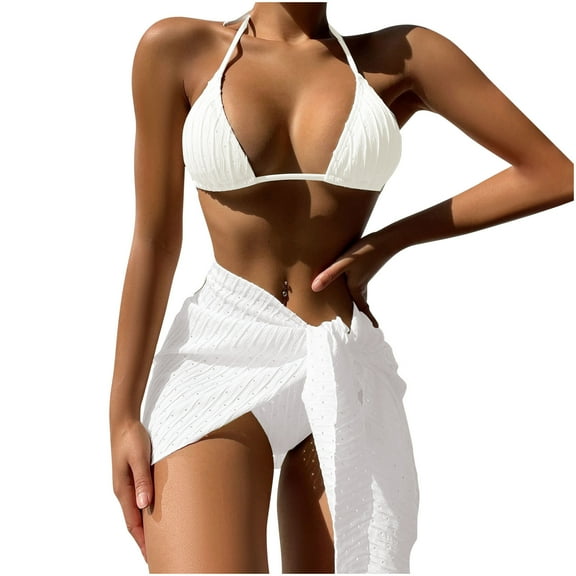 Erwazi Women's Solid Halter Drawstring 3 Piece Swimsuit Set Cover Up String Tie Side Bathing Suits