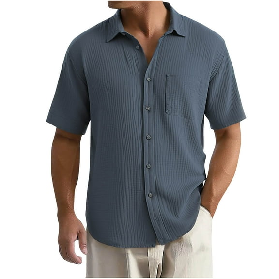 GuangCheng Mens Shirts,Lapel,Textured,Solid Color,Short Sleeve,Button-Down Shirts,with Chest Pocket,Regular Fit Tops,Gray,Size 3XL