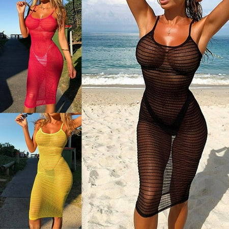 Women Lace Summer Bodycon Dress Swimwear Cover Up Sexy Lady Sleeveless Strap See-Through Slim Dress Knee-Length Beach